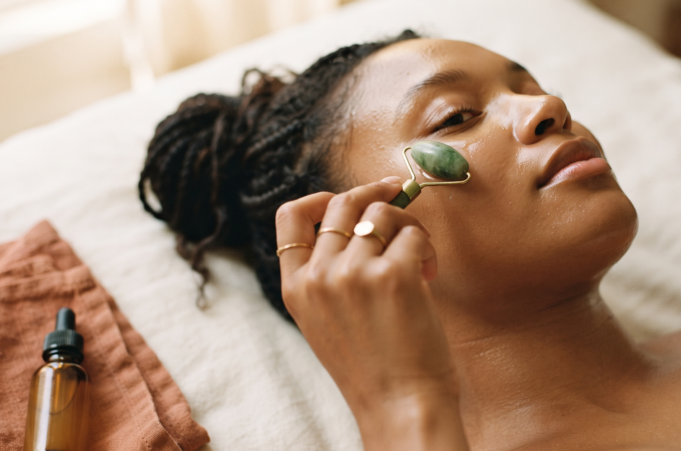Esteticista atendendo uma cliente em ambiente acolhedor de clínica